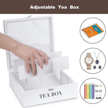 Teebox Weiß Holz Aufbewahrungsbox 9 Fächer Teebeutelbox-Glas Sichtfenster