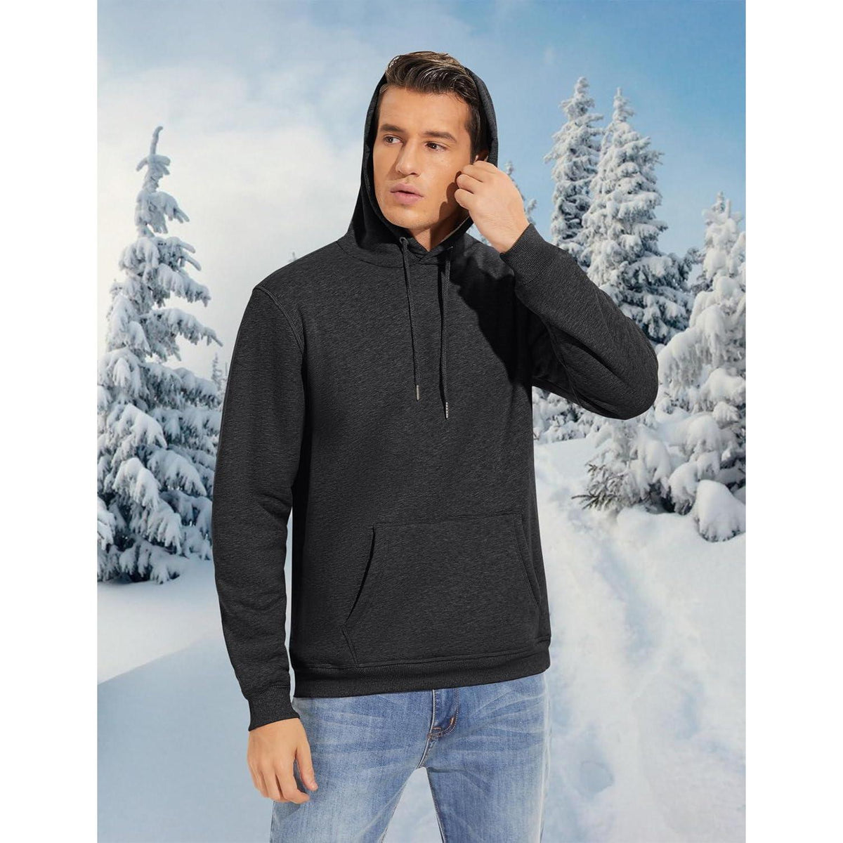 Herren Sherpa Hoodie mit Kängurutasche, warm gefüttert, Dunkelgrau XXL