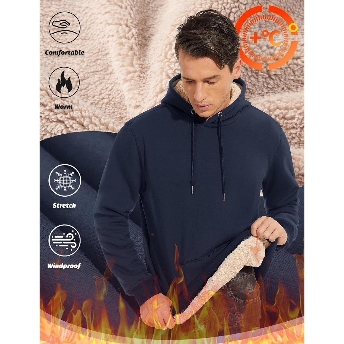 Herren Sherpa Hoodie mit Kängurutasche – Dunkelblau XXL
