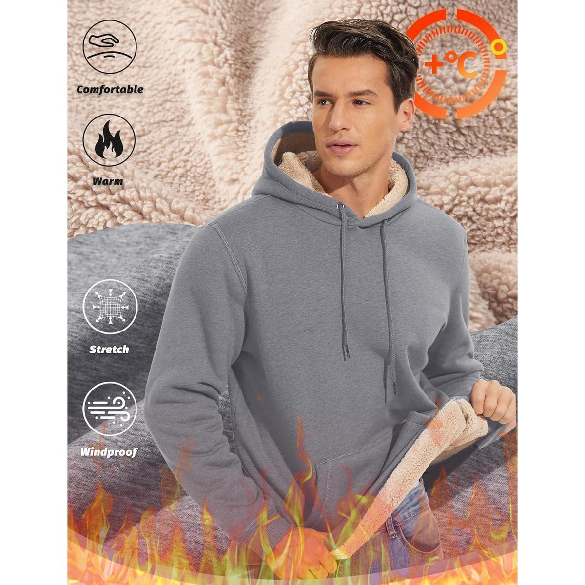 Herren Sherpa Hoodie mit Kängurutasche, warm gefüttert, hellgrau