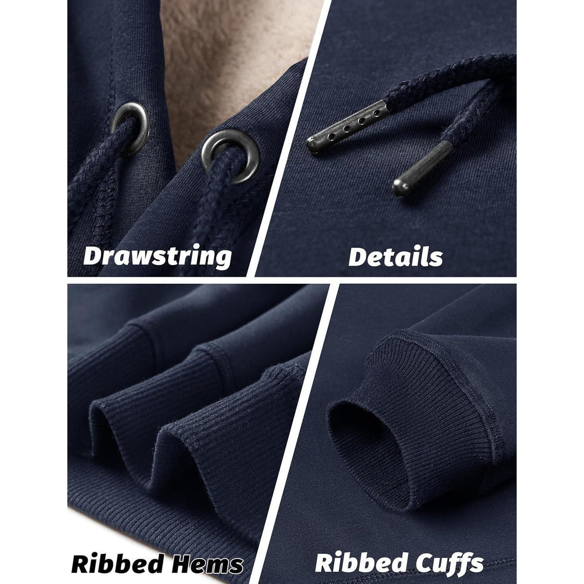 Herren Sherpa Hoodie Dunkelblau Warm Gefüttert Kängurutasche