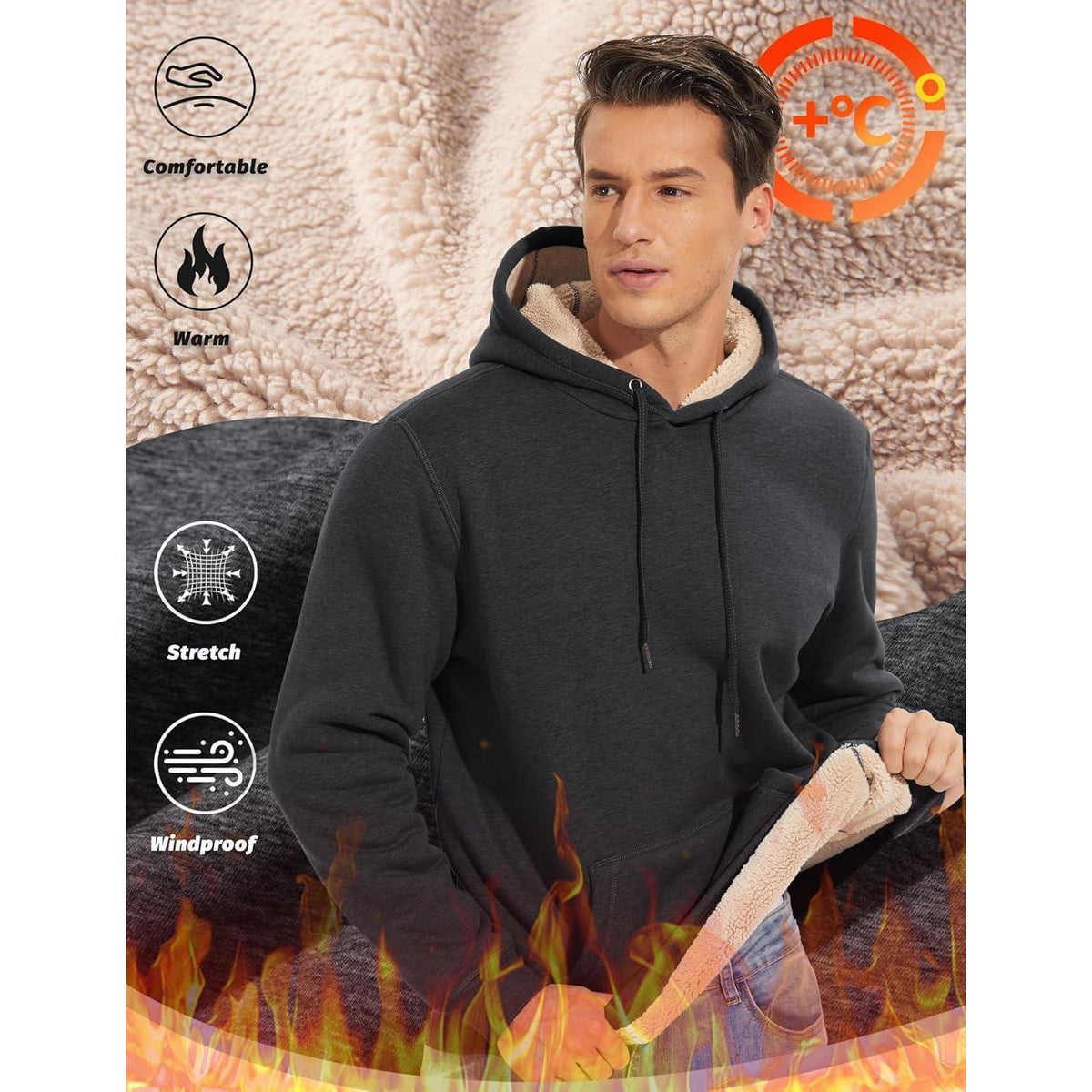 Herren Sherpa Hoodie mit Kängurutasche - Dunkelgrau L