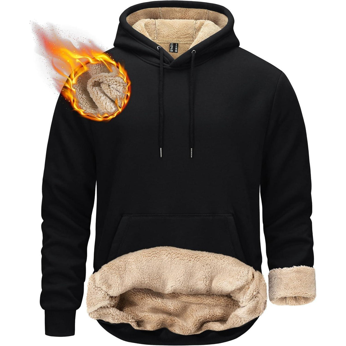 Herren Sherpa Hoodie mit Kängurutasche – Warm & Winddicht – Schwarz, Größe M