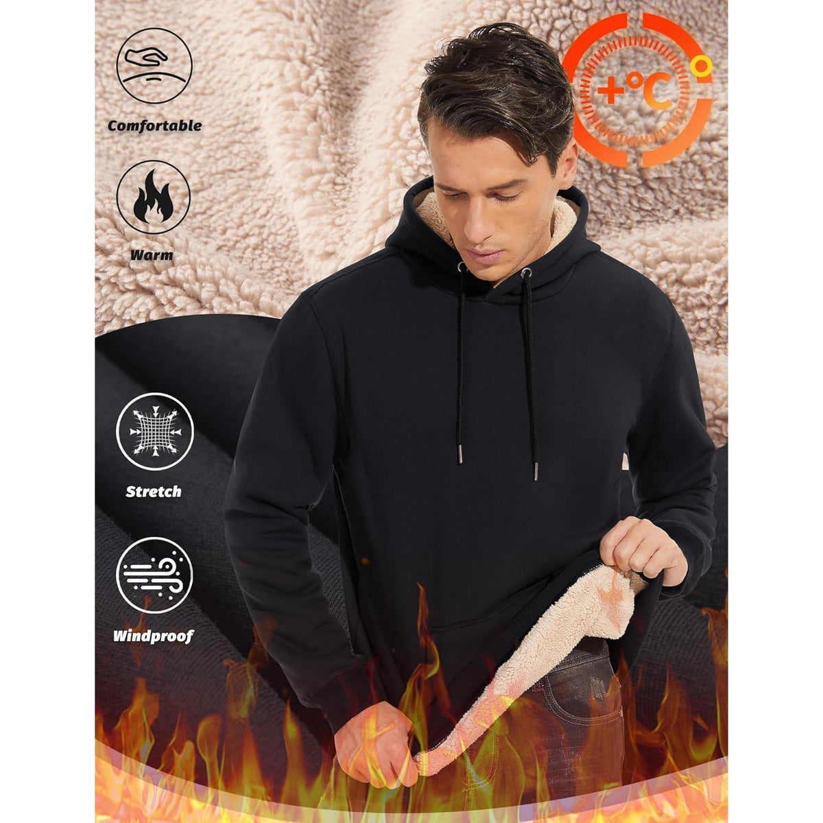 Herren Sherpa Hoodie – Warm & Winddicht – Schwarz XL