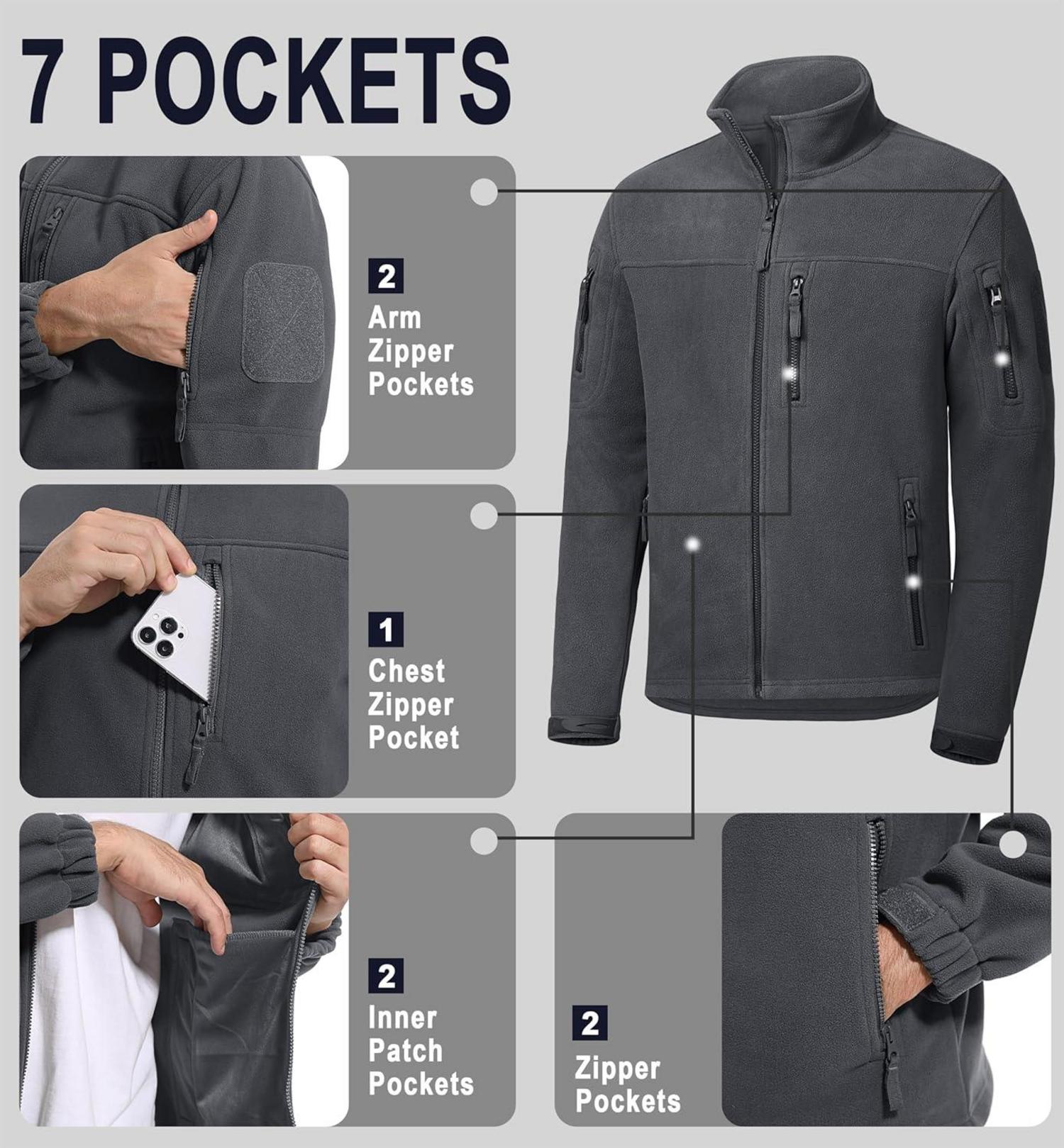 Outdoor Fleecejacke mit 7 Taschen Warme Stehkragen XL Dunkelgrau