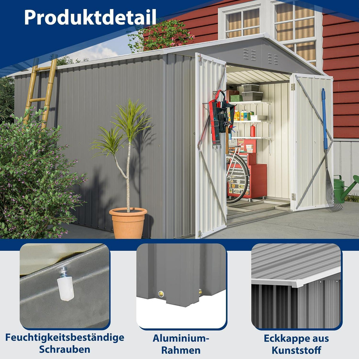 Großes Gerätehaus 8x10ft mit Fundamentrahmen & Satteldach