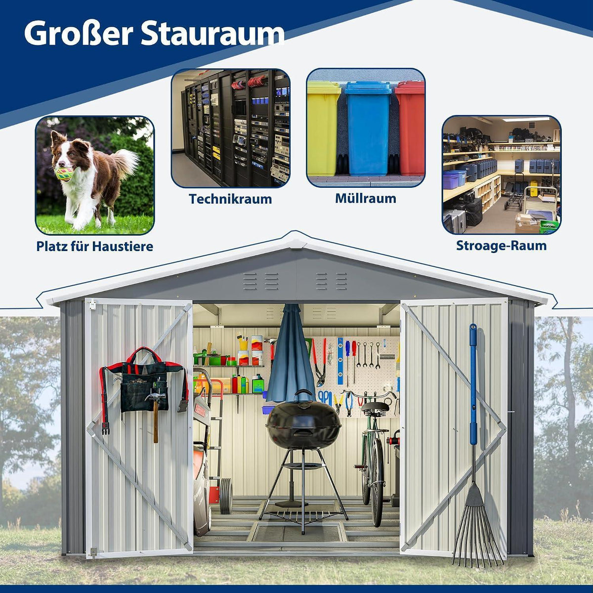 Großes Gerätehaus 8x10ft mit Fundamentrahmen & Satteldach