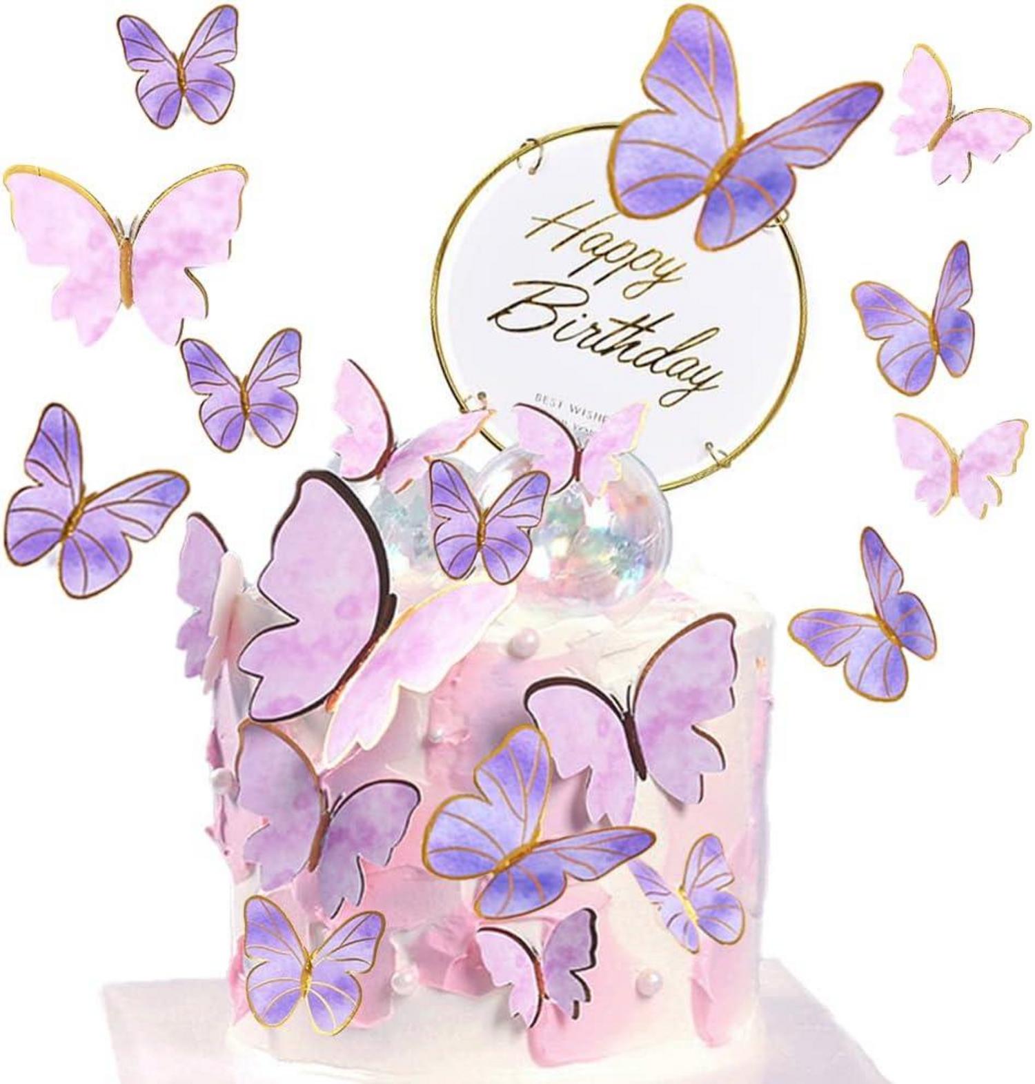 21er Set Lila 3D Schmetterlinge Happy Birthday Tortendeko