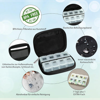 Serfeymi Tablettenbox 7 Tage Medikamentenbox mit Stofftasche - Schwarz