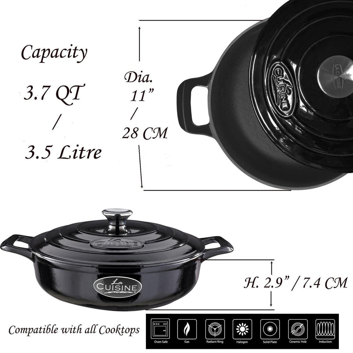 Gusseisen Schmorpfanne mit Deckel – 28 cm, 3,5 L