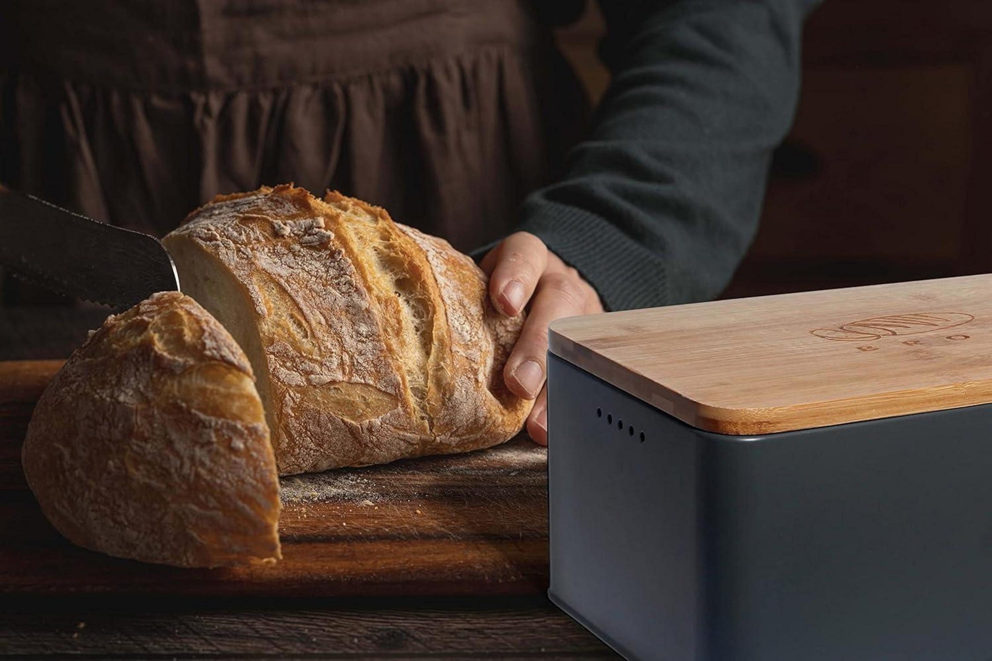 Brotkasten mit Schneidebrett Holzdeckel Leinen Brotbeutel Belüftung