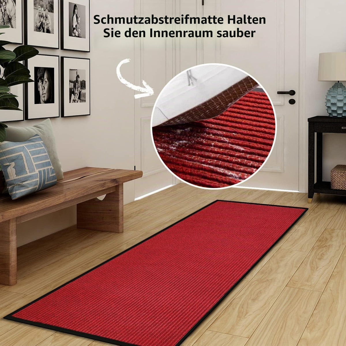 Läufer Teppich 90x300cm rutschfest, Streifenmuster rot