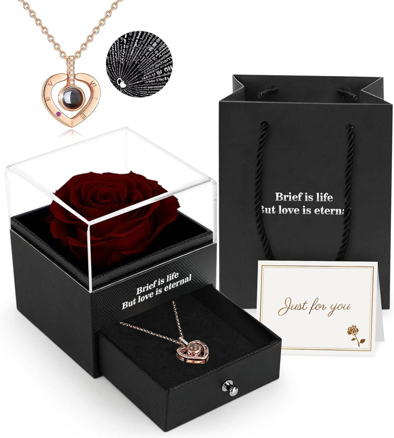 Ewige Rose mit I Love You Anhänger Geschenkbox Weinrot
