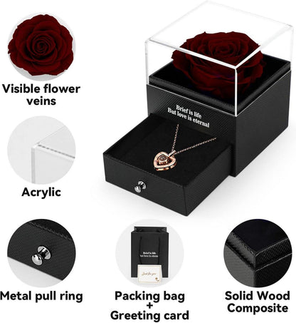 ADAZ Ewige echte Rose mit I Love You Halskette in Geschenkbox - Weinrot