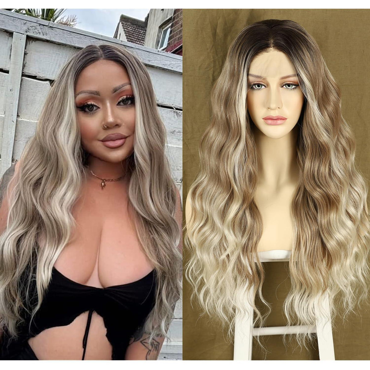 Synthetische Ombre Blonde Welle Spitze Front Perücke 24 Zoll