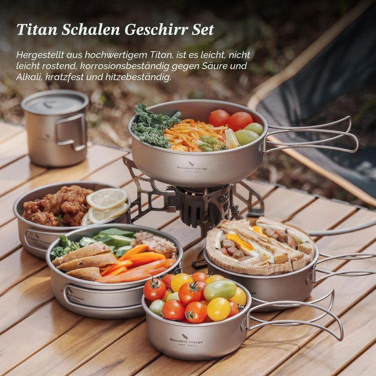 Titan Camping Geschirr Set mit Klappgriffen – 5-teilig