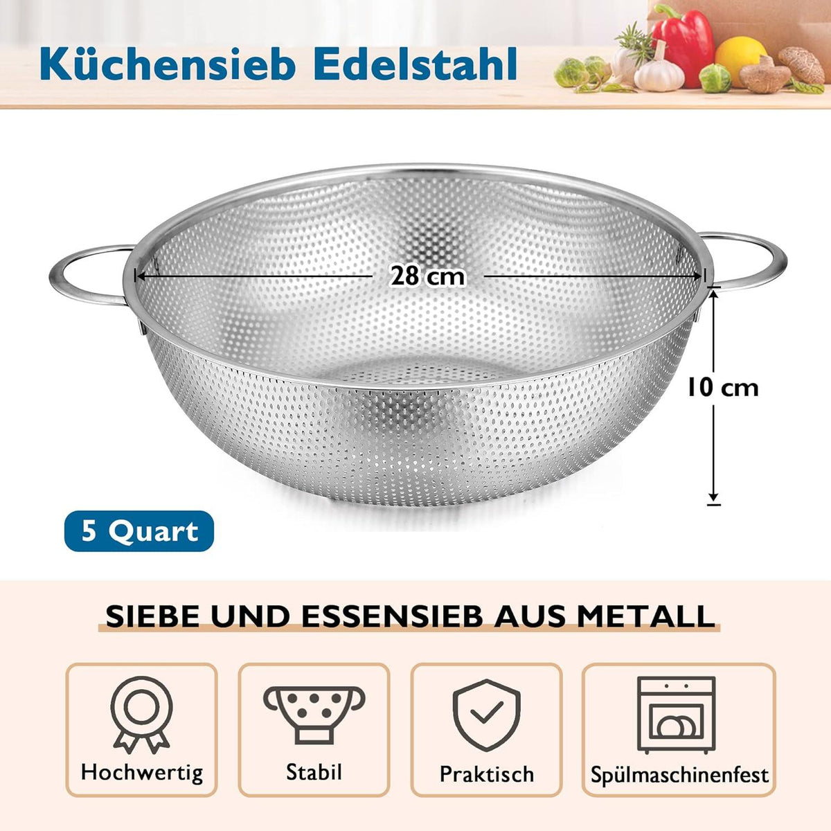 Herogo Küchensieb 28cm Edelstahl Mikroperforiert Abtropfsieb