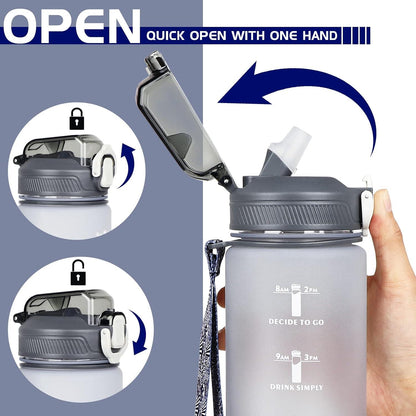 Trinkflasche mit Strohhalm und Zeitmarkierung, 1L, BPA-frei