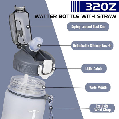 Trinkflasche 1L mit Strohhalm und Zeitmarkierung, BPA-frei, grauer Farbverlauf