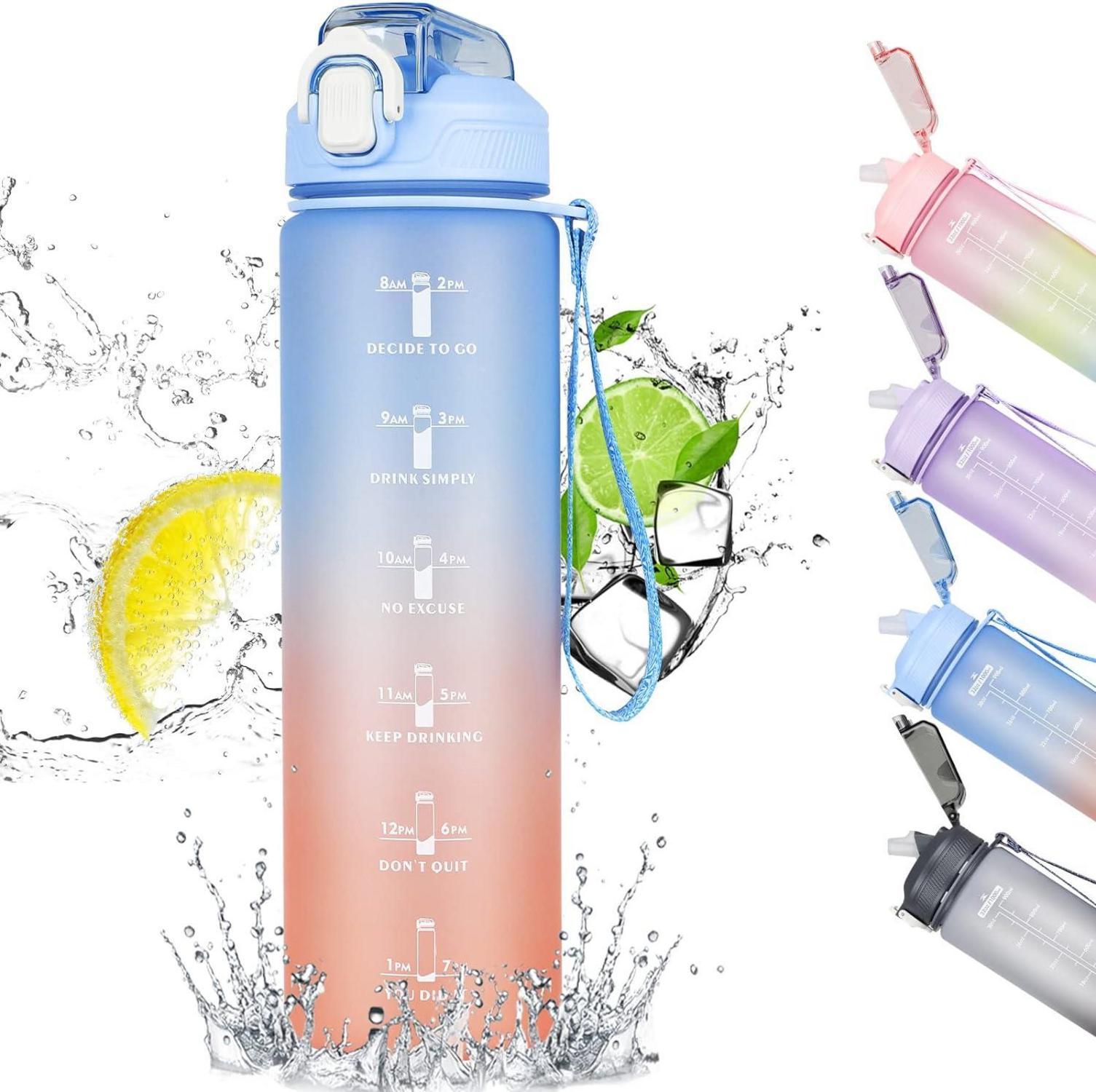 Trinkflasche 1L mit Strohhalm und Zeitmarkierung, BPA-frei