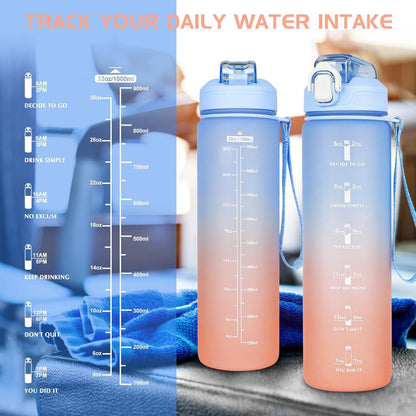 CodiCile Trinkflasche 1L mit Strohhalm & Zeitmarkierung, BPA-frei - Blauer Farbverlauf