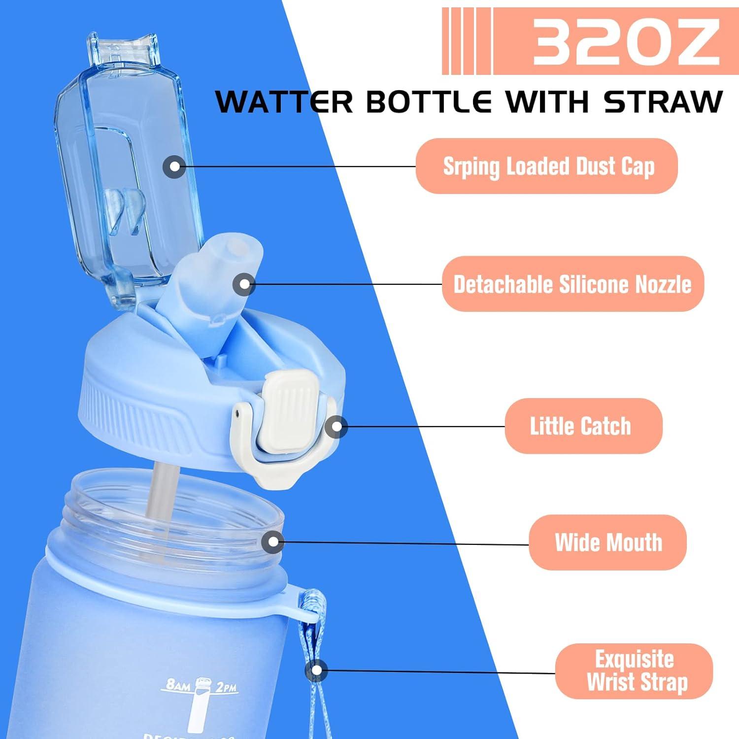 Trinkflasche 1L mit Strohhalm, Zeitmarkierung, auslaufsicher, BPA-frei