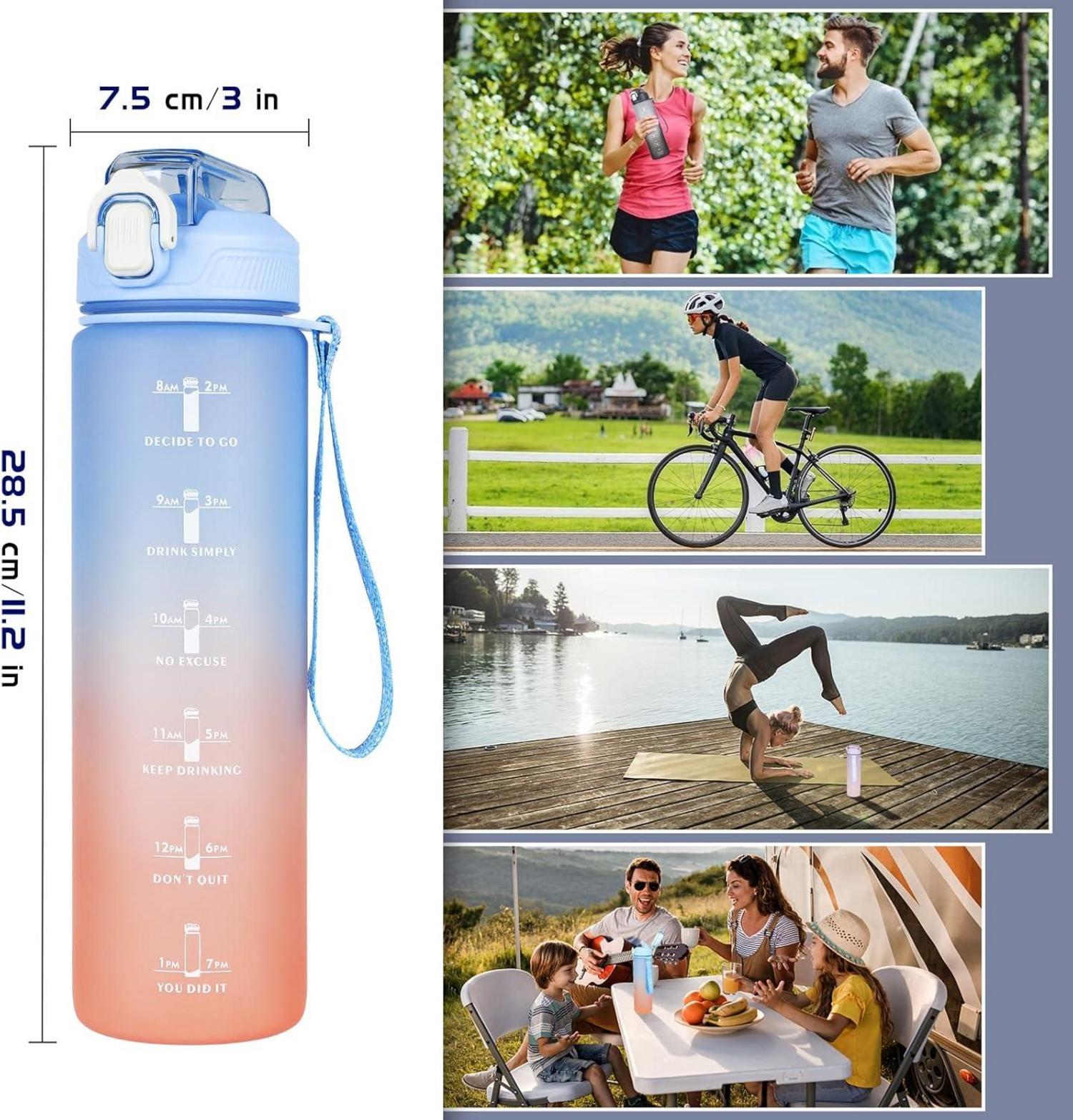 Trinkflasche 1L mit Strohhalm, Zeitmarkierung, auslaufsicher, BPA-frei