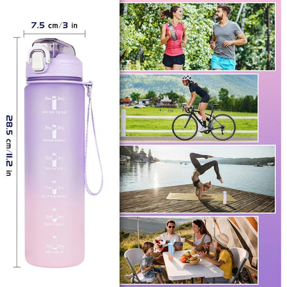 CodiCile Trinkflasche 1L mit Strohhalm, Zeitmarkierung und
