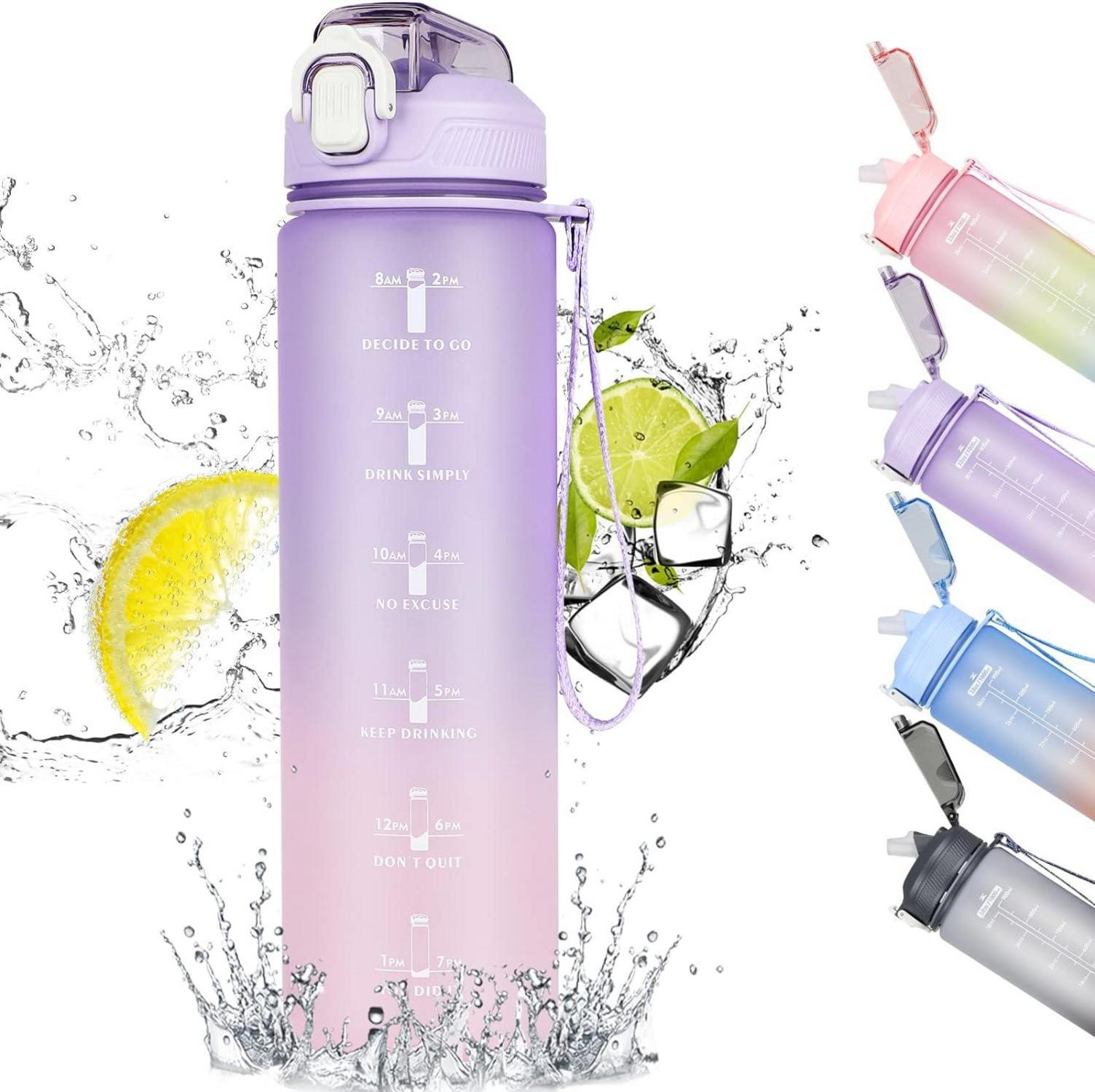 Trinkflasche Sport 1L mit Strohhalm, Zeitmarkierung & BPA-frei