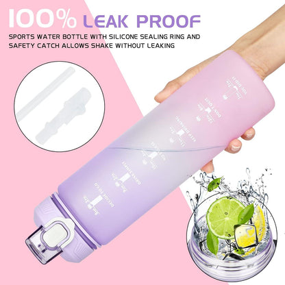 Trinkflasche Sport 1L mit Strohhalm, Zeitmarkierung & BPA-frei