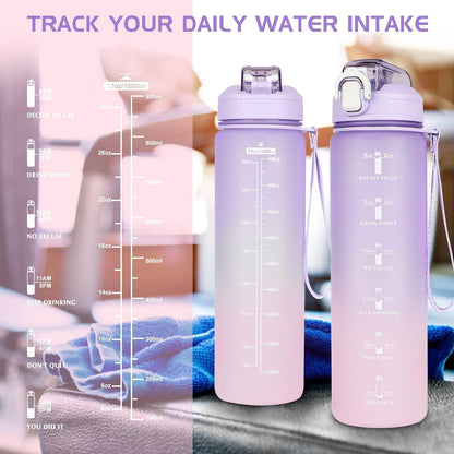 1L Trinkflasche mit Strohhalm und Zeitmarkierung, BPA-frei, auslaufsicher