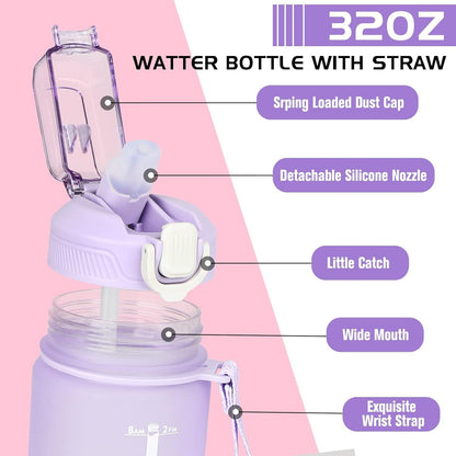 Trinkflasche 1L Strohhalm Wasserflasche Zeitmarkierung lila Farbverlauf