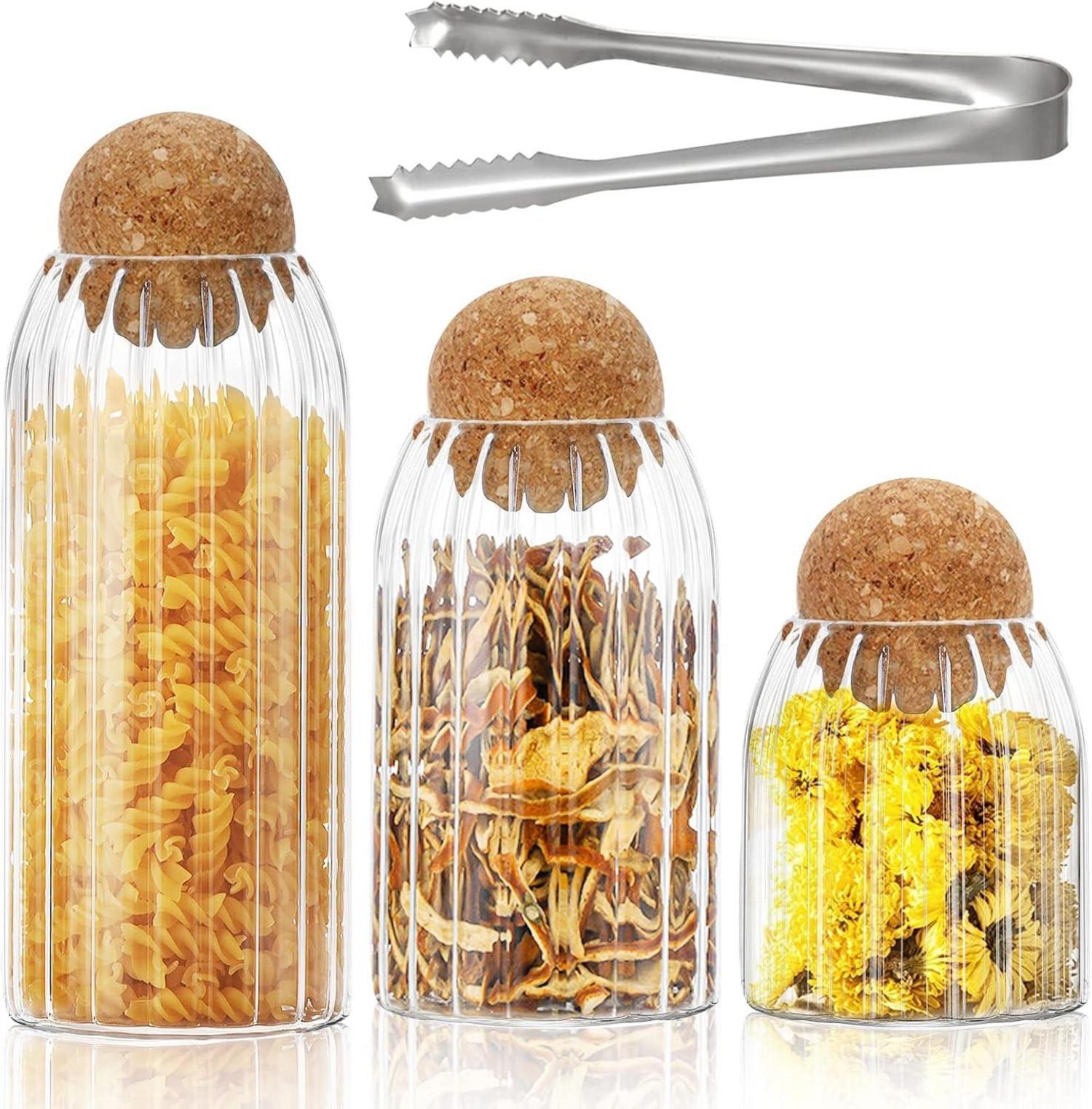 Set 3 Glasgefäße mit Kugelkorken, Aufbewahrung Küche Tee Kaffee Zucker