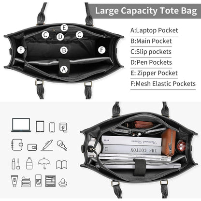 Große Schwarz Leder Handtasche Damen Schultertasche 15.6