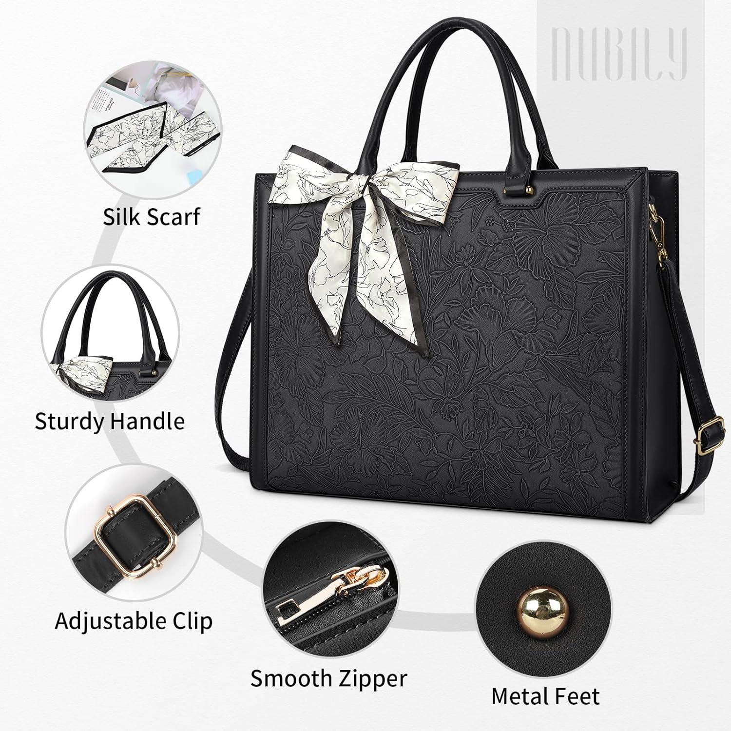Schwarze Damen Handtasche Shopper Leder Umhängetasche 15.6 Zoll