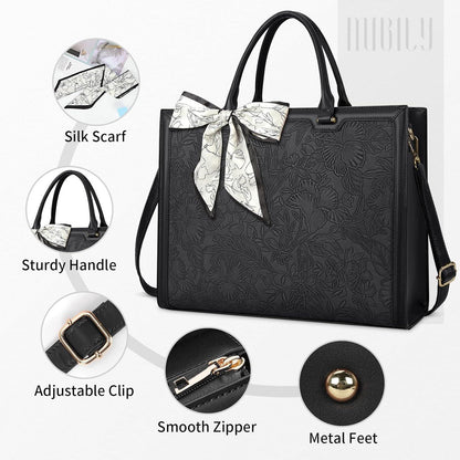 Schwarze Damen Handtasche Shopper Leder Umhängetasche 15.6 Zoll