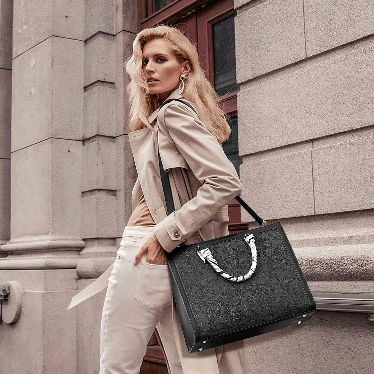 Schwarze Damen Handtasche Shopper Leder Umhängetasche 15.6 Zoll
