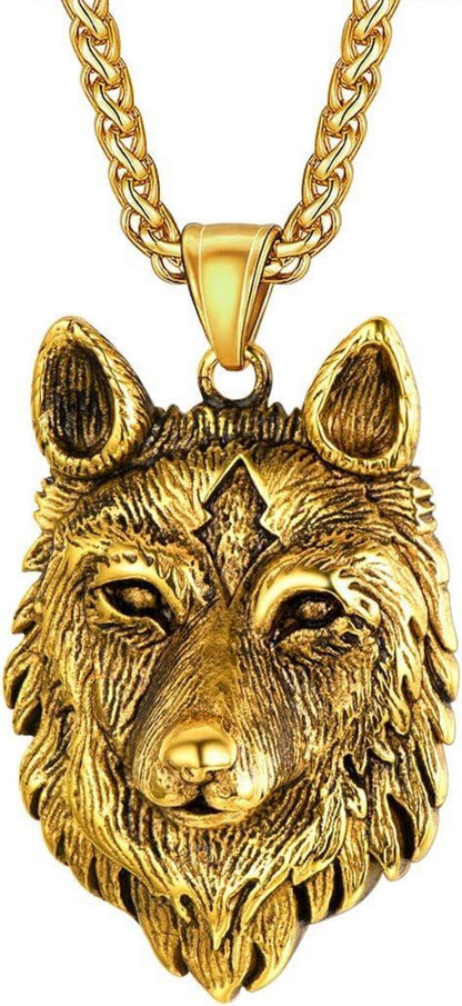 Wikinger Wolfskopf Anhänger Edelstahl vergoldet 55+5cm Weizenkette