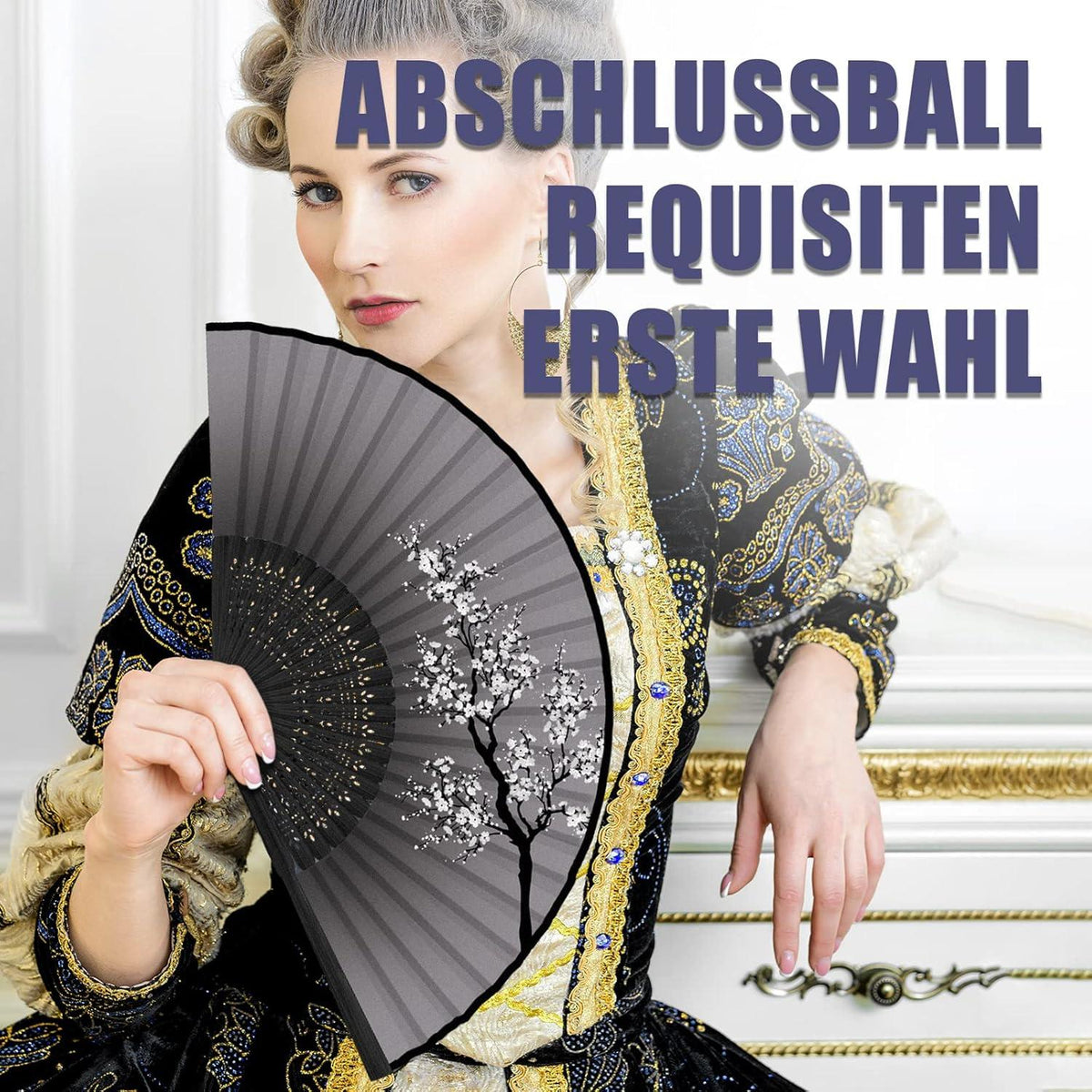 Fächer Hochzeit 4er Set in Blau Bambus Seide Pflaumenmuster
