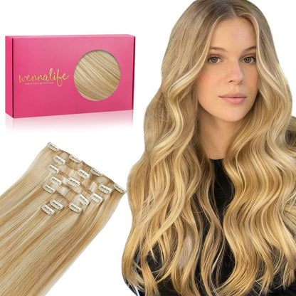 Echthaar Clip-in Extensions Karamellblond Highlights 50cm