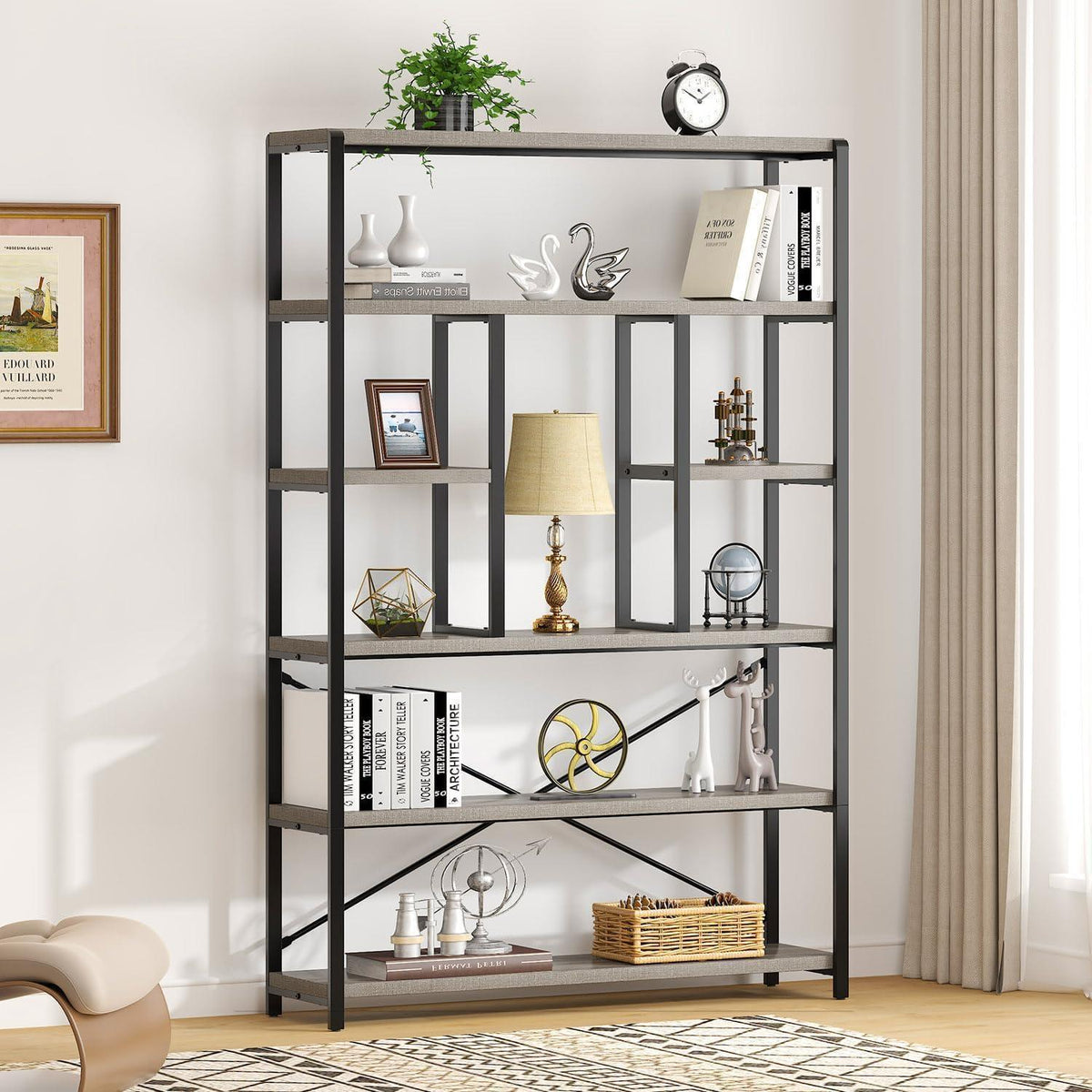 Industrielles Bücherregal mit 6 Etagen, Holz & Metall, Hellgraue Eiche