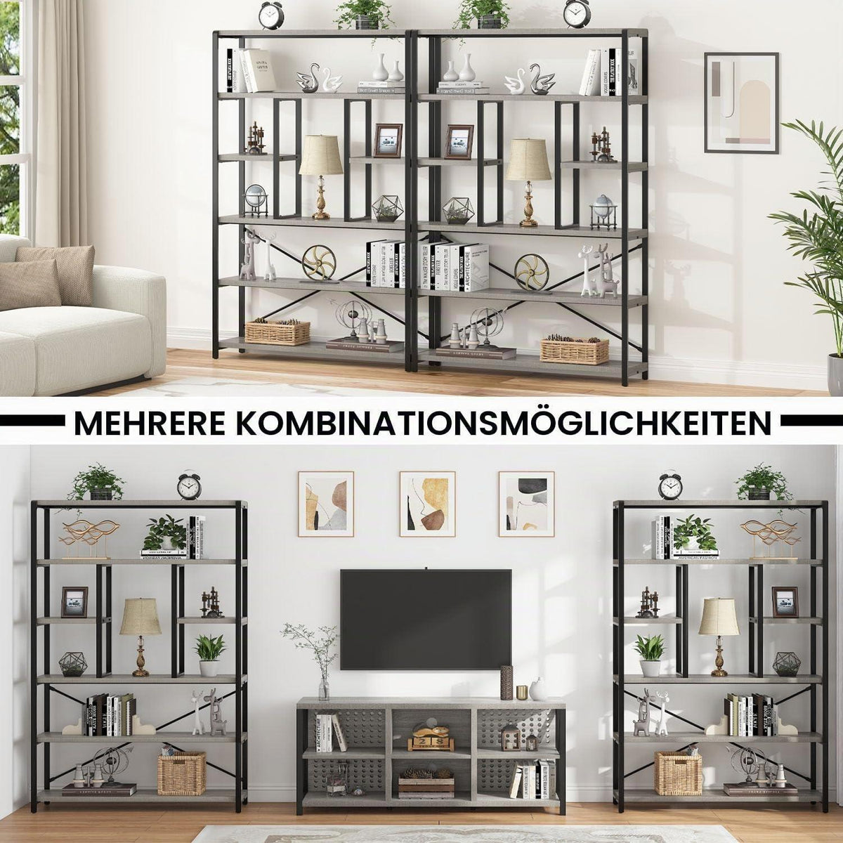 Industrielles Bücherregal mit 6 Etagen, Holz & Metall, Hellgraue Eiche