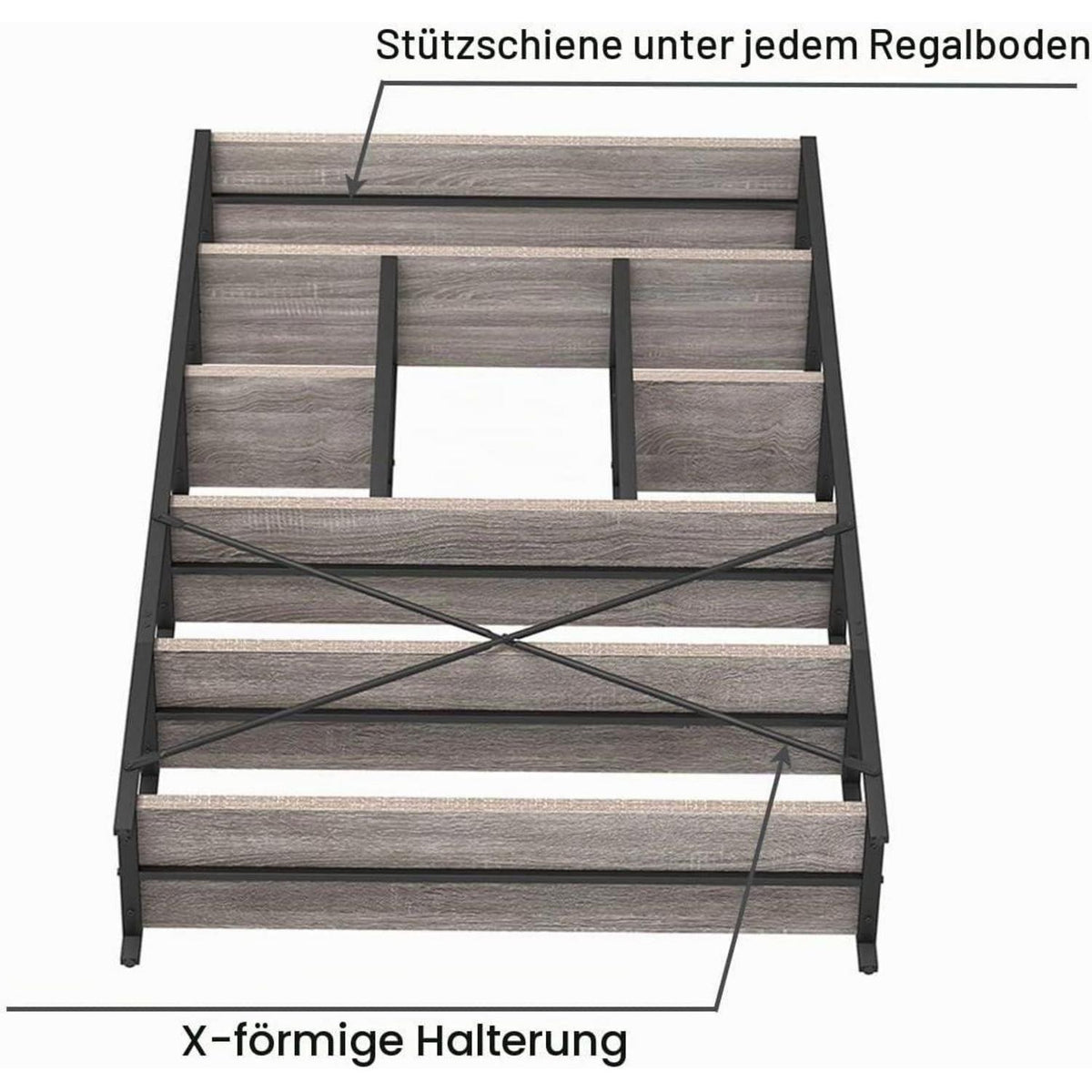Industrielles Bücherregal mit 6 Etagen, Holz & Metall, Hellgraue Eiche