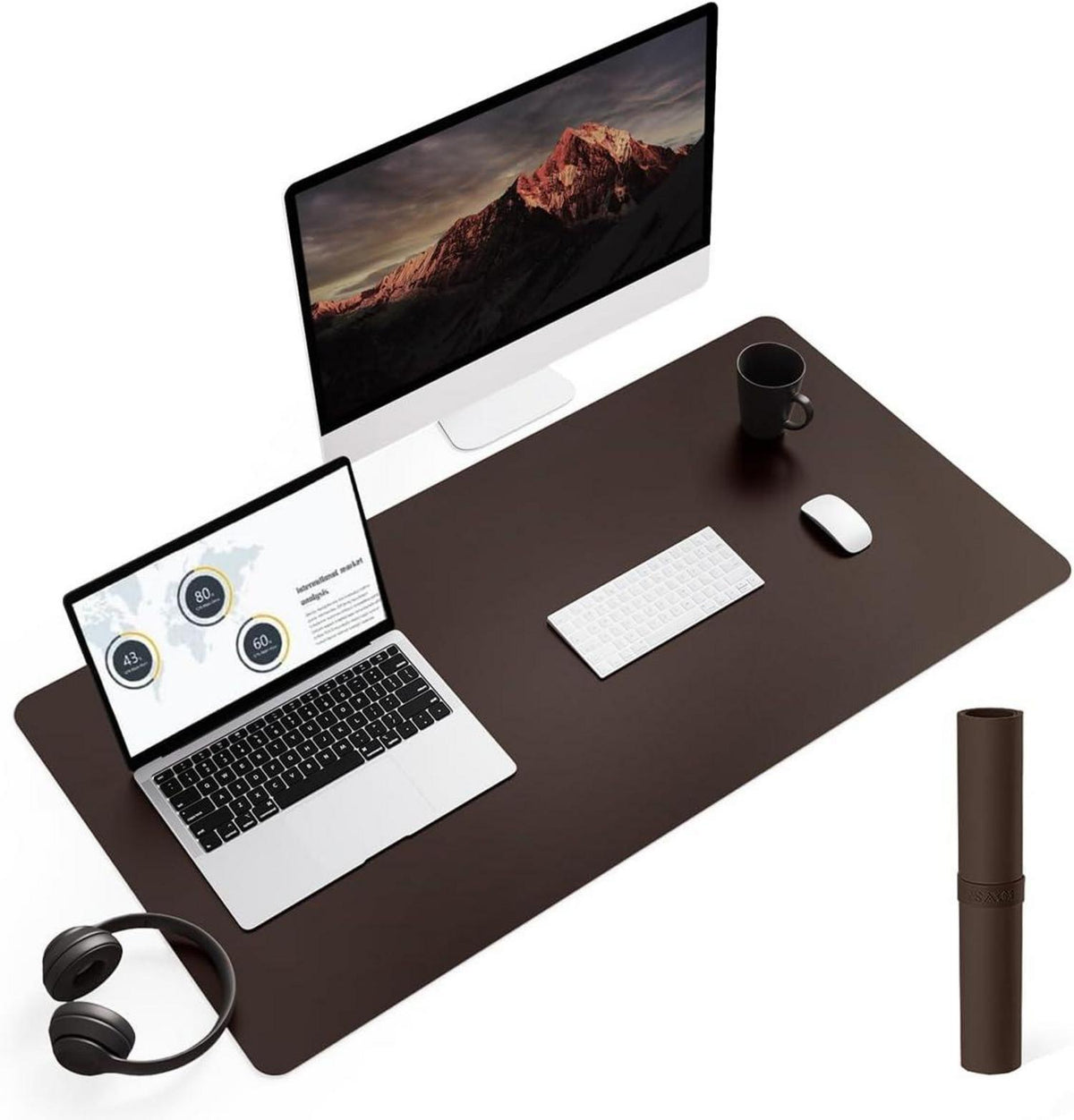 Großes Office Mousepad mit Leder und Wildleder, Dunkelbraun 90x43cm