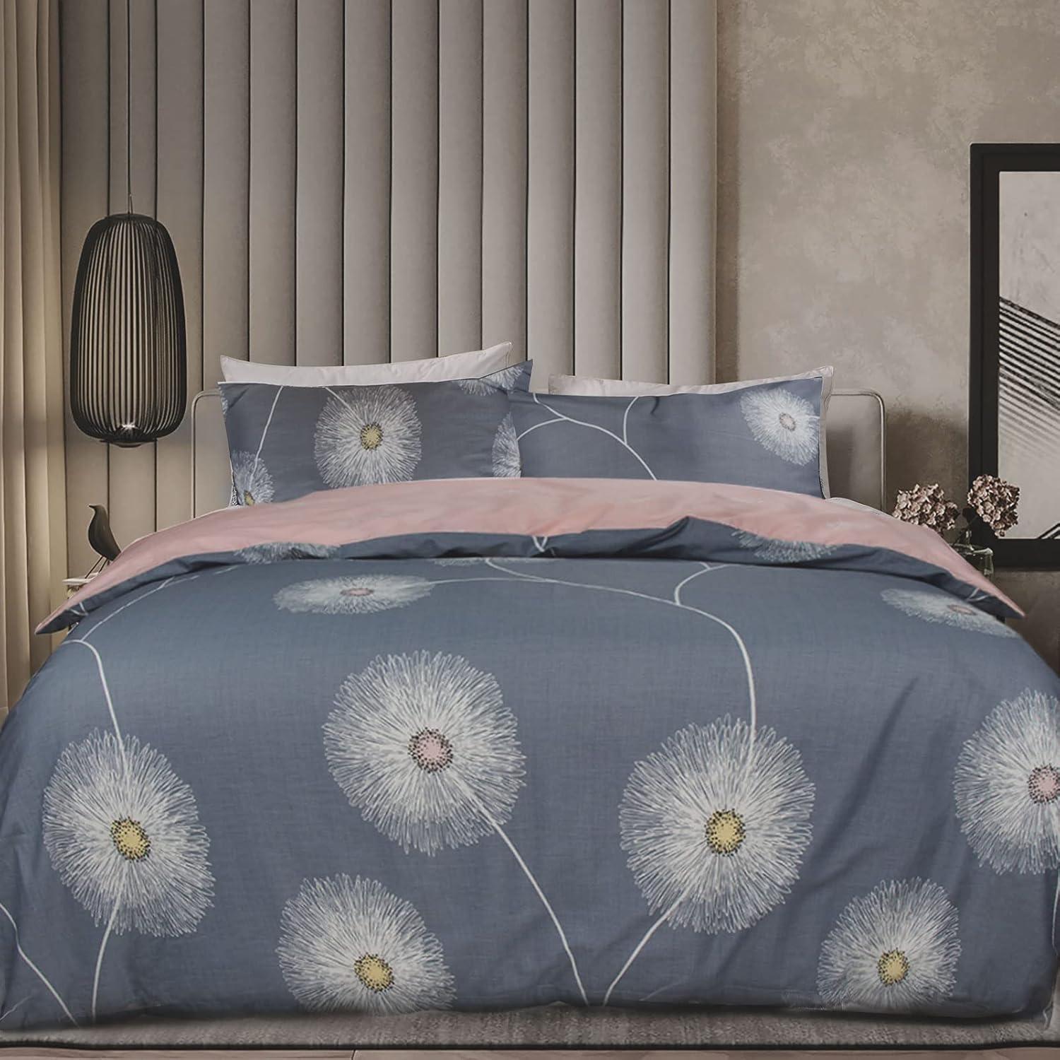 Bettwäsche 155x220 Baumwolle Grau Rosa Blumen