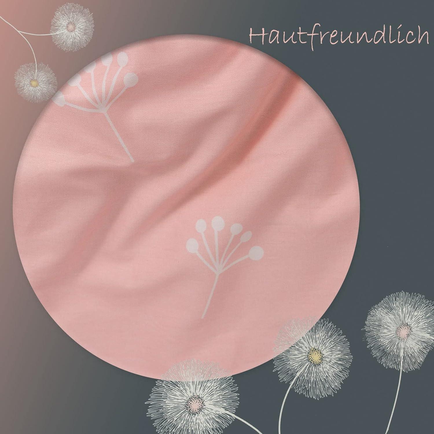 Bettwäsche 155x220 Baumwolle Grau Rosa Blumen Wendebettwäsche