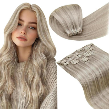 Echthaar Clip-in Extensions Aschblond Highlight 40cm