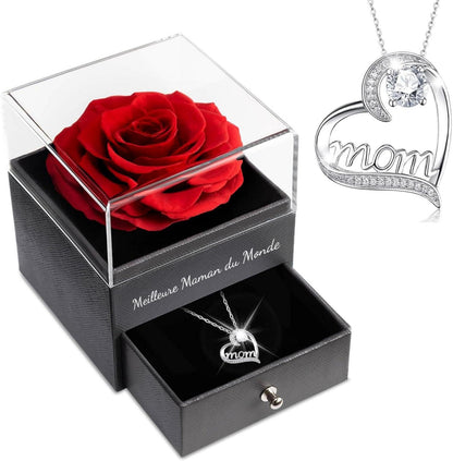 Ewige Rose Geschenkbox mit Mom Halskette - Muttertag Valentinstag Rot