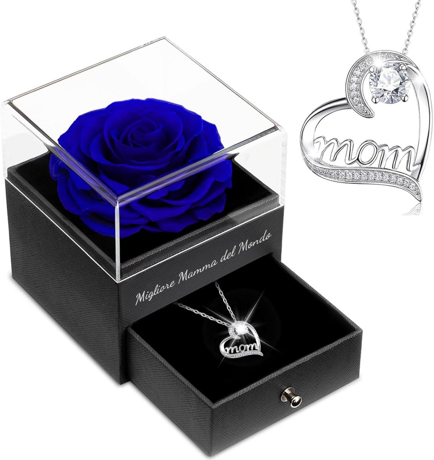 Ewige Rose Geschenkset Mama Halskette 925 Silber Blau