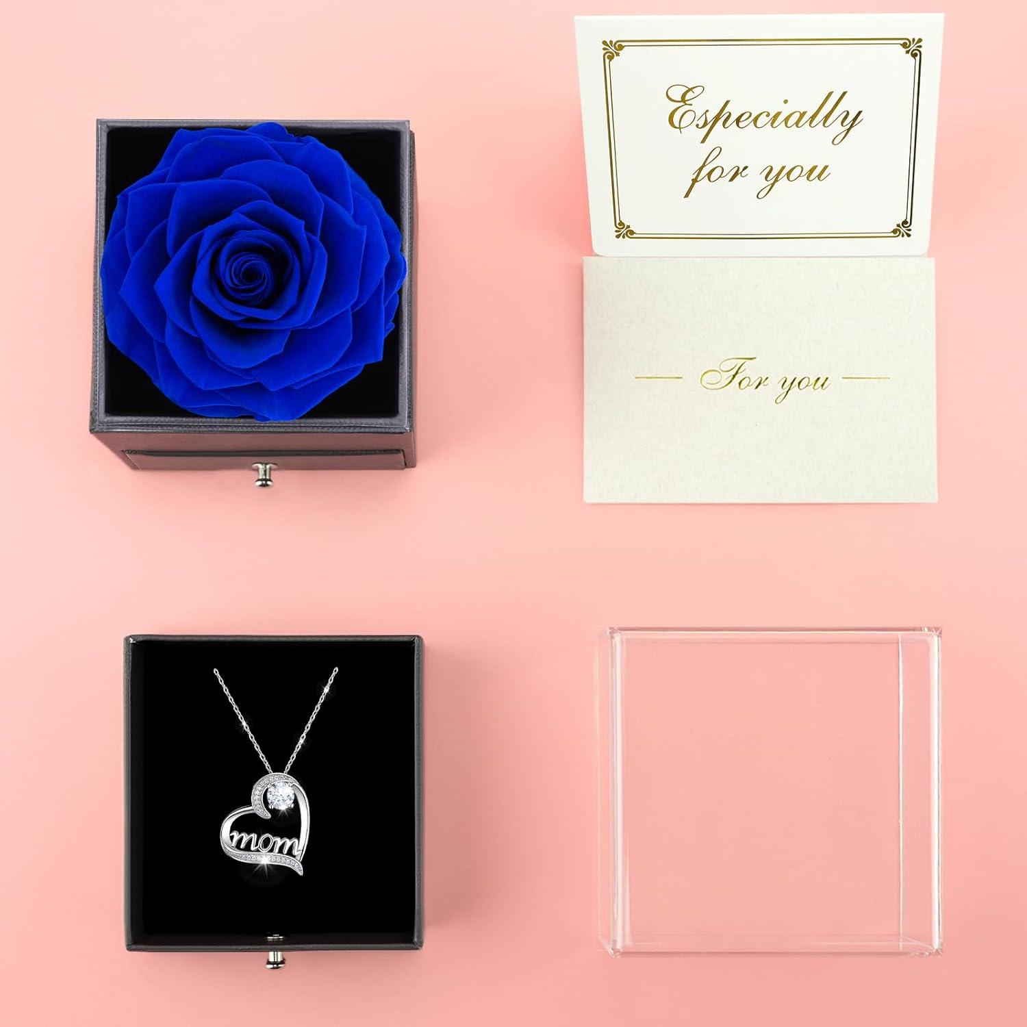 Ewige Rose Geschenk Mama, 925 Sterlingsilber Mom Halskette Blau